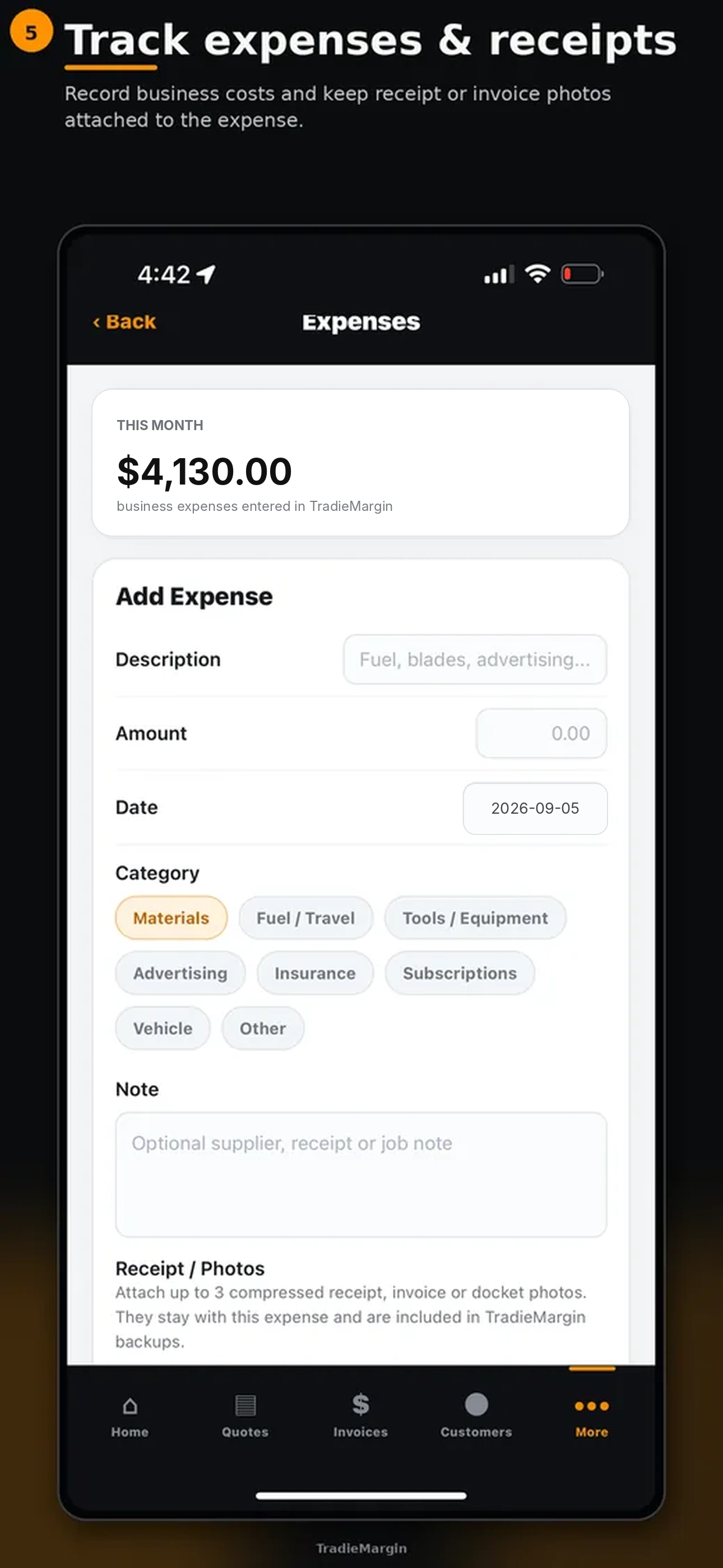 TradieMargin expenses and receipts screen