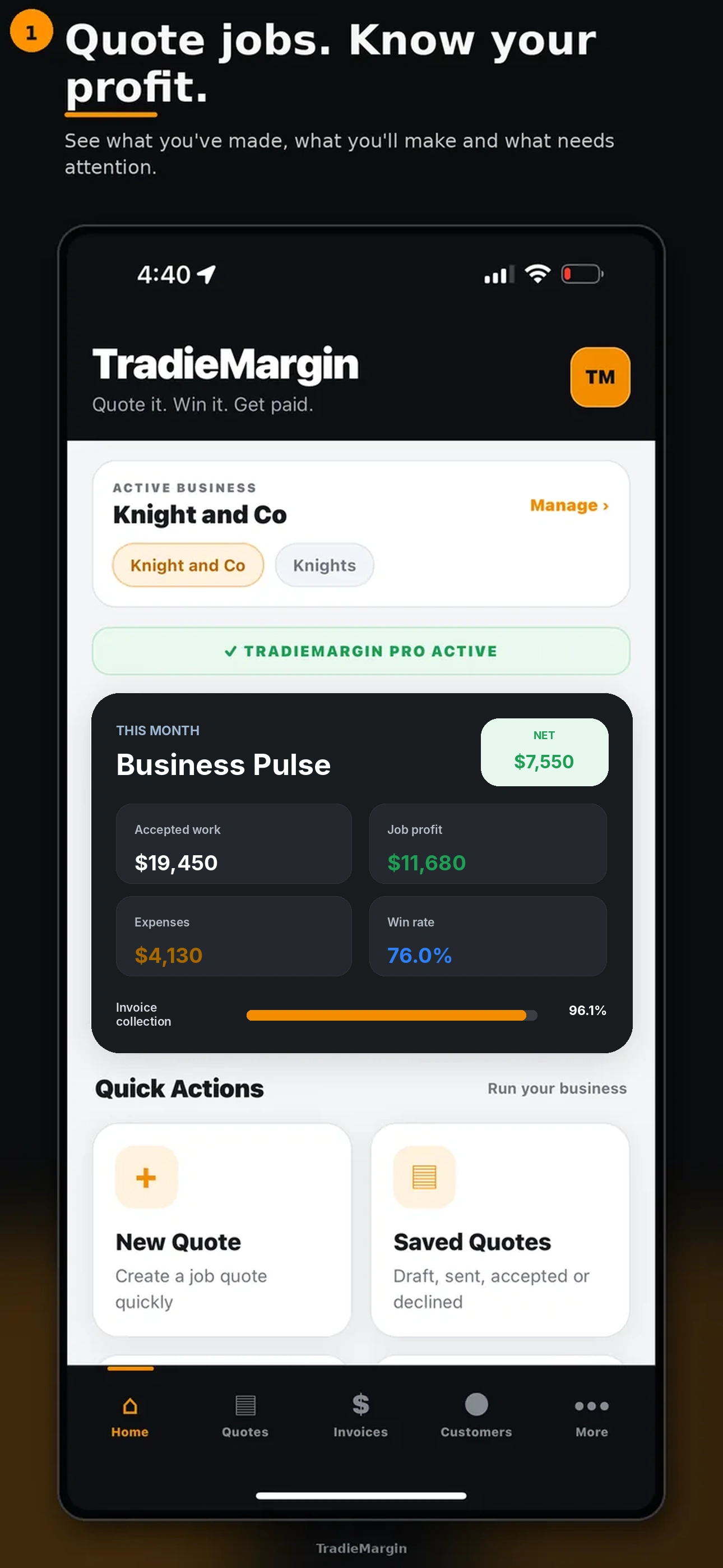 TradieMargin dashboard showing Business Pulse, profit and quick actions