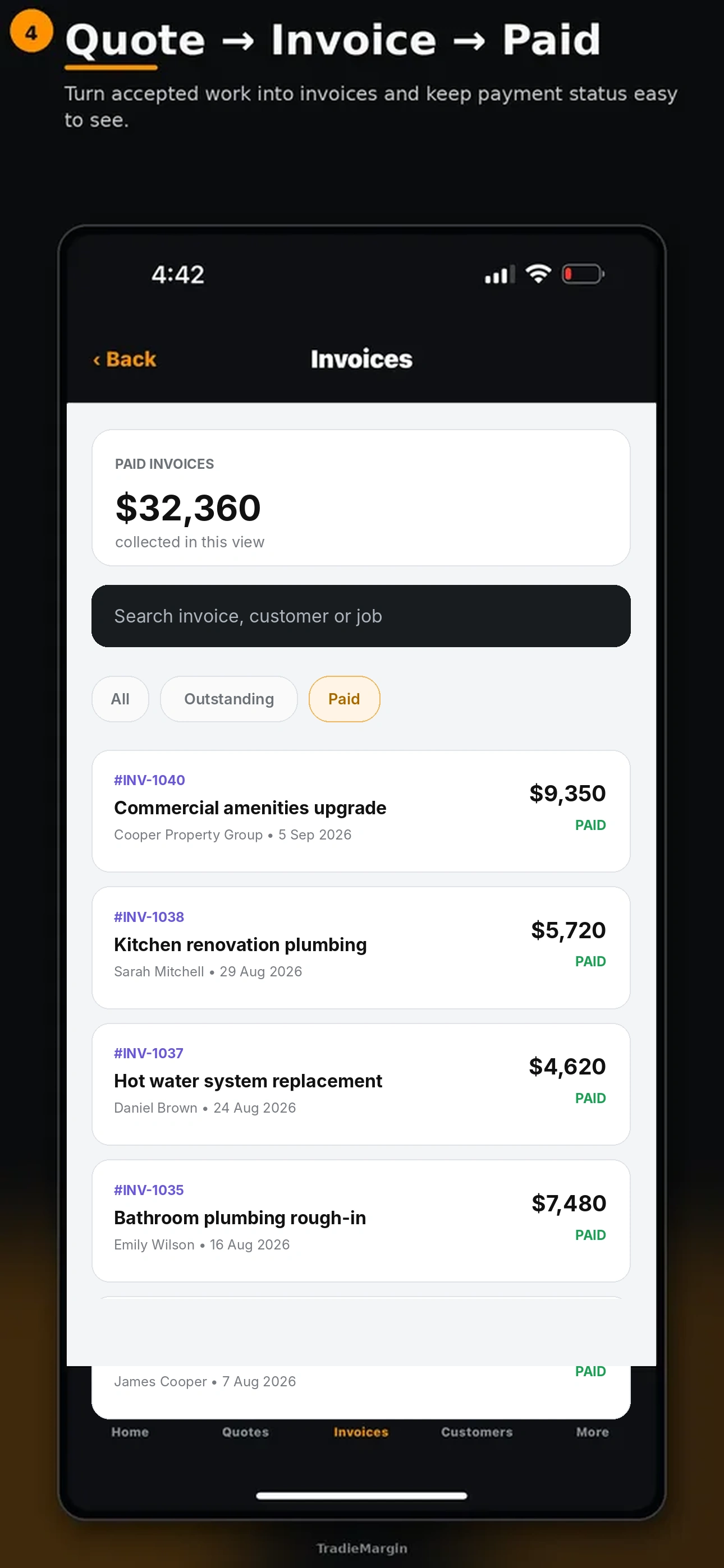 TradieMargin invoice tracking screen