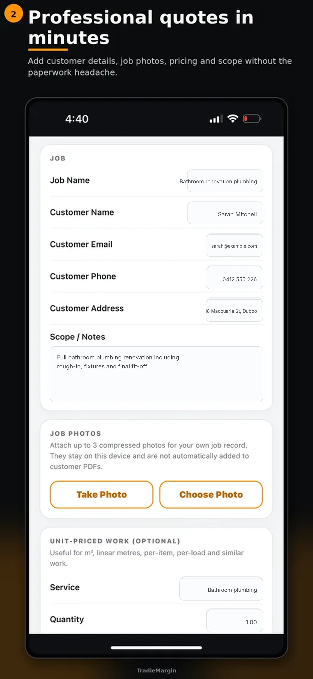 TradieMargin professional quote screen